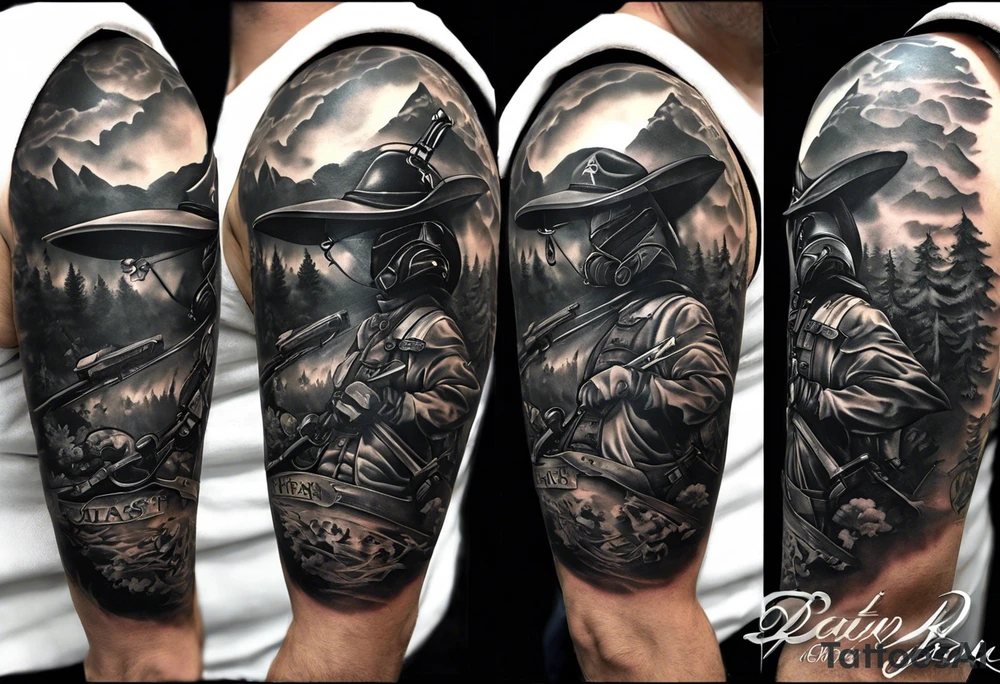 half sleeve tattoo. pauldron, 3 boys Ben Trey Hayden, wife Karen, 1st degree black belt, mountain biking, skiing, sky diving, texas holdem, fly fishing, paintball mask tattoo idea