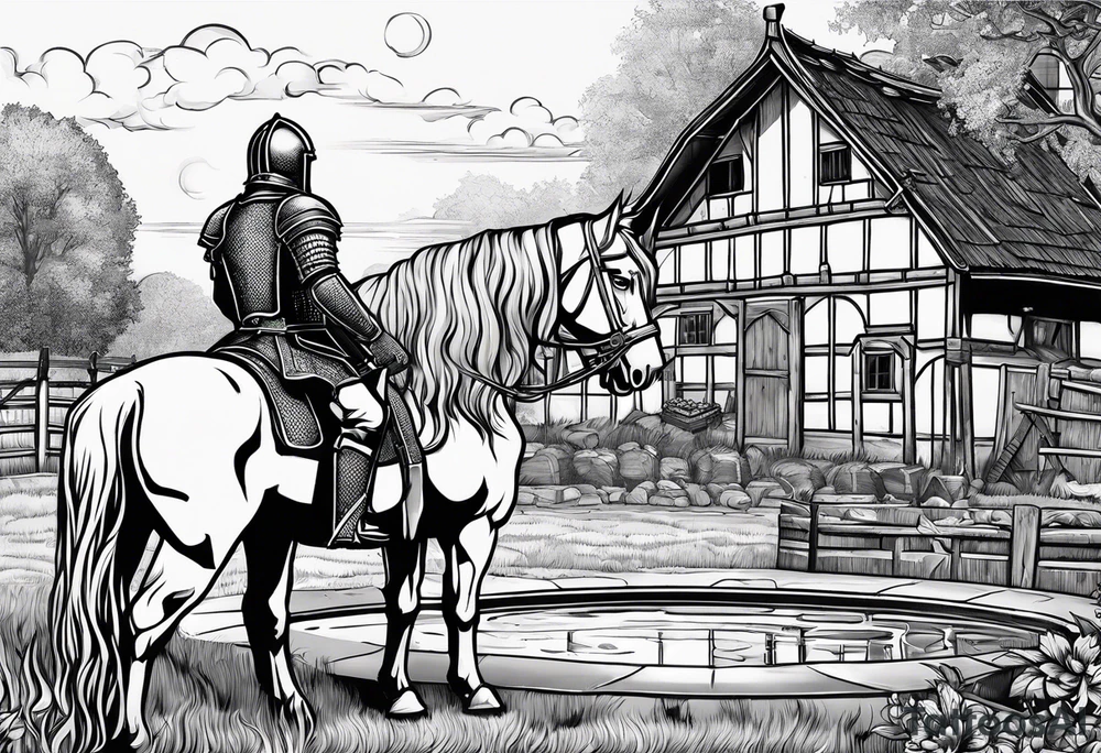 a knight kneeling with an old farm in the background and horses in the netherlands and a swimmingpool and an airfryer tattoo idea