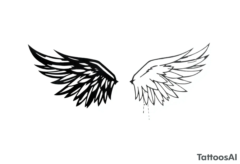 the wings go up

This tattoo design features a pair symmetrical angel wings drawn in black ink with a rough, sketch-like style. The left wing is darker, more defined, and appears denser, while the right wing is lighter, more delicate, and fragmented, creating a contrast between the two. The feathers are sharp and irregular, with fine lines and stray strokes extending outward, adding a raw and artistic feel. The overall look is dynamic and slightly chaotic, giving the impression of movement or an unfinished, ethereal form. This design symbolizes duality, freedom, transformation, or even struggle, making it a meaningful and visually striking tattoo. tattoo idea