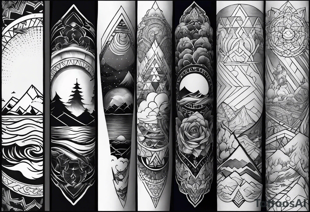 From left shoulder to forearm sleeve tattoo. Fine line geometric, concept design tattoo, ocean thunder fire nature tattoo idea