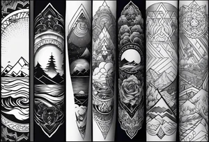 From left shoulder to forearm sleeve tattoo. Fine line geometric, concept design tattoo, ocean thunder fire nature tattoo idea