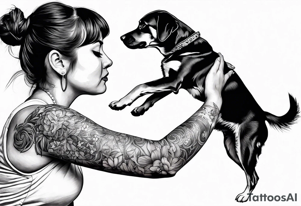 dog in the air facing woman and trying to reach her hand and woman as her back facing us tattoo idea