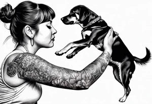 dog in the air facing woman and trying to reach her hand and woman as her back facing us tattoo idea