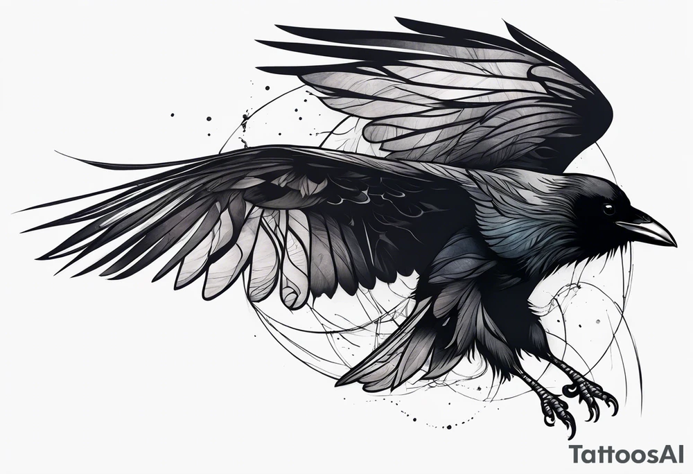 Raven in flight, upsidedown, knowing, light behind its eyes, ethereal tattoo idea