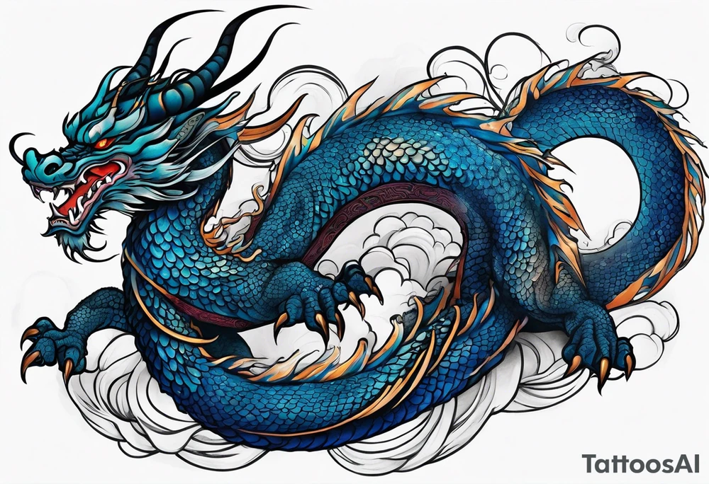 An epic floating asian dragon. Its long body coiling dynamically, with scales and horns detailed to create a sense of movement and strength. The dragon's main color is midnight blue, giving a vibrant depth and a mystical aura. This tattoo highlights the dragon’s fierce expression and sharp claws. tattoo idea