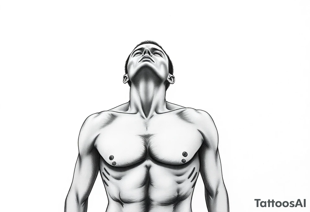 a naked man covered his eyes and mouth and looking up the sky for front arm tattoo idea