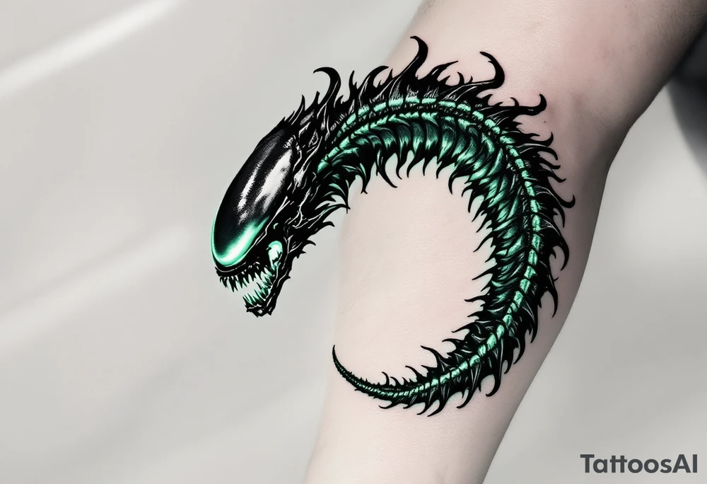 A dark Xenomorph tail spiraling around the arm, with segments that glow in a soft greenish hue, contrasting the black of the body. tattoo idea