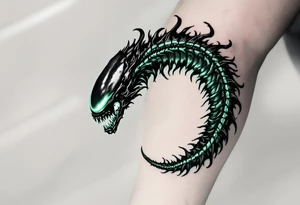 A dark Xenomorph tail spiraling around the arm, with segments that glow in a soft greenish hue, contrasting the black of the body. tattoo idea