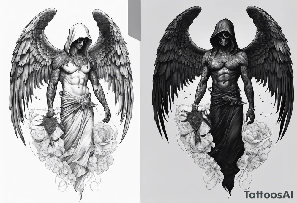 realistic full body of angel of death, without face, man tattoo idea