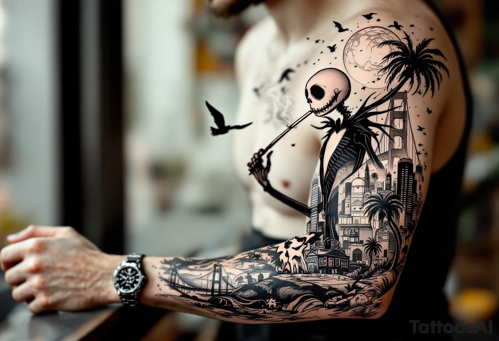 jack skellington with dog,smoking a blunt and fishing,surrounded by city buildings,golden gate bridge, birds, palm trees, tattoo idea