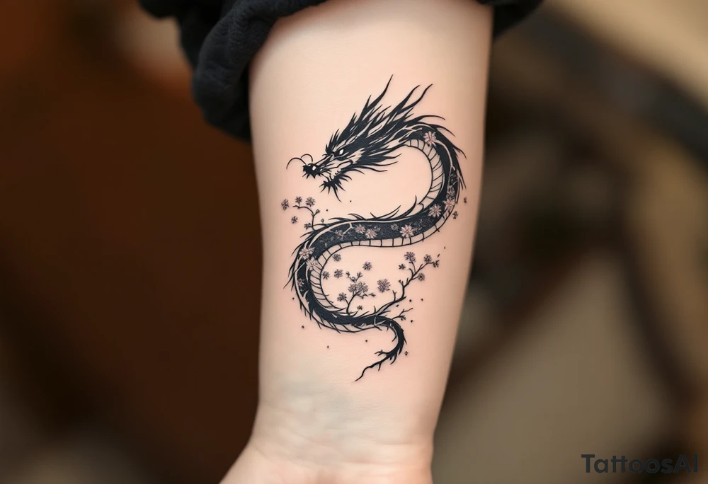 dragon japanese style sakura trees tattoo idea