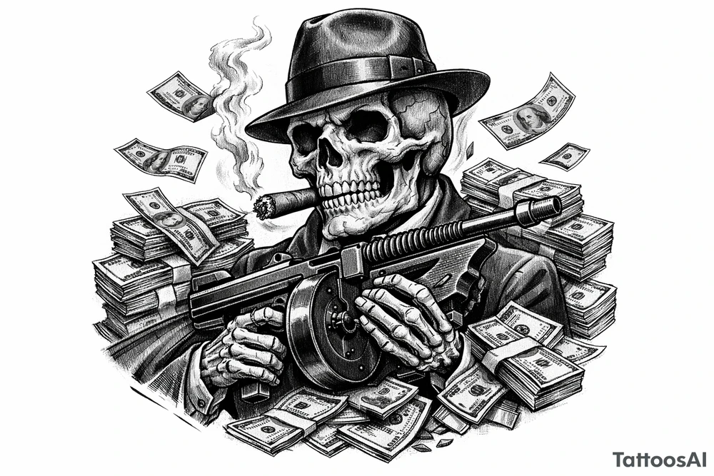 skull with cigar in his mouth,mafia-hat,machine-gun in his hands,surrounded by money. tattoo idea