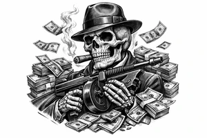 skull with cigar in his mouth,mafia-hat,machine-gun in his hands,surrounded by money. tattoo idea