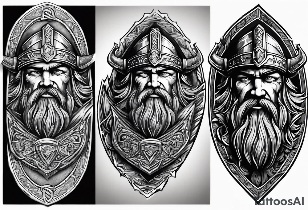 cool viking themed sleave on whole right arm ship axe shield tattoo idea