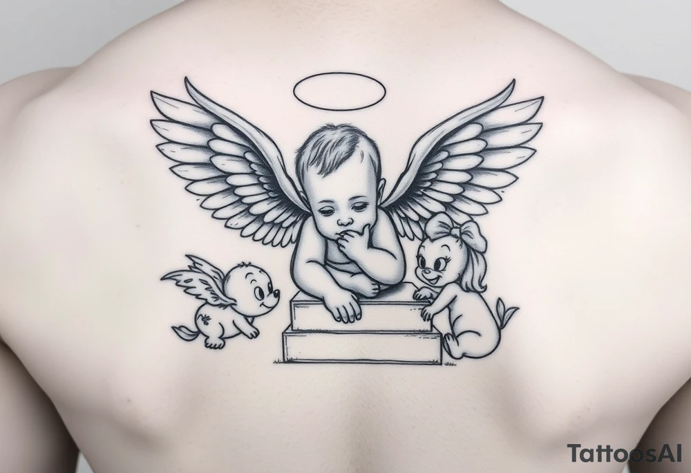 Babyboy with angel wings crawling up heavens stairs surrounded by Disney characters as babies tattoo idea