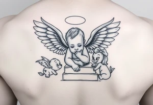 Babyboy with angel wings crawling up heavens stairs surrounded by Disney characters as babies tattoo idea