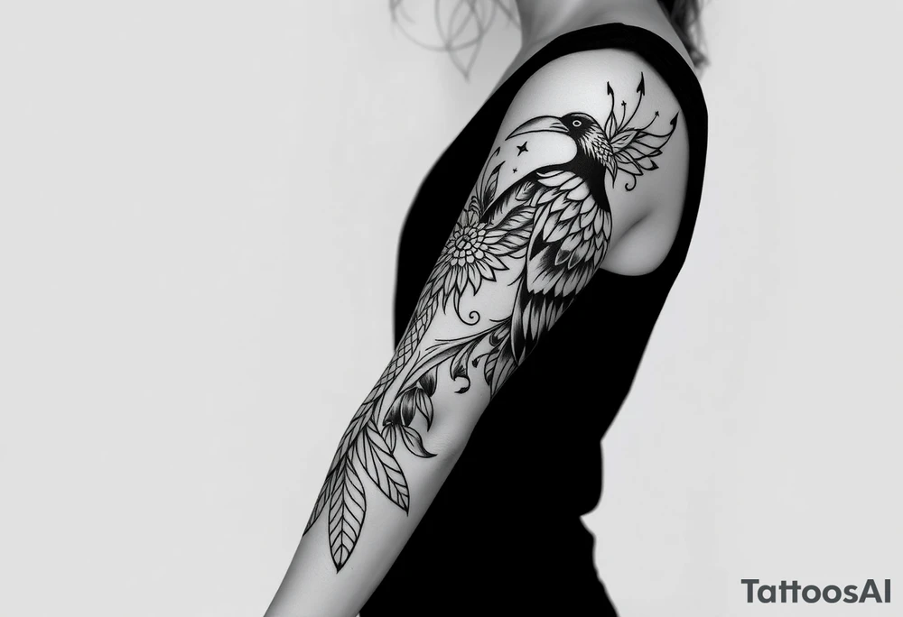 Nordic ornamental raven leg sleeve tattoo idea
