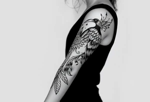 Nordic ornamental raven leg sleeve tattoo idea