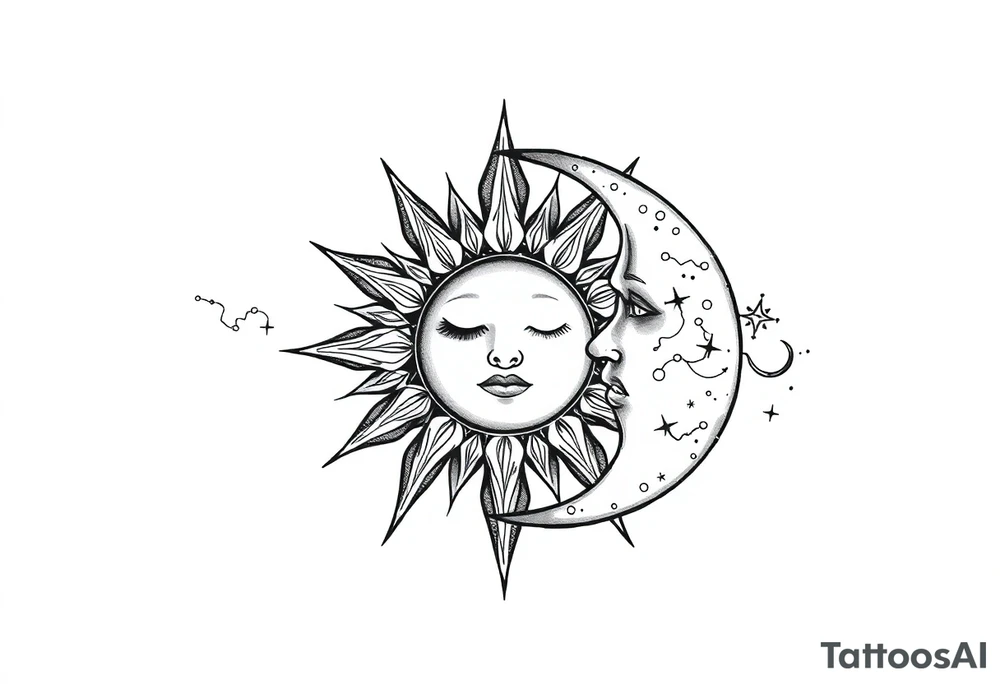 celestial sun and moon embrace with constellation patterns tattoo idea