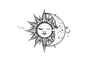 celestial sun and moon embrace with constellation patterns tattoo idea