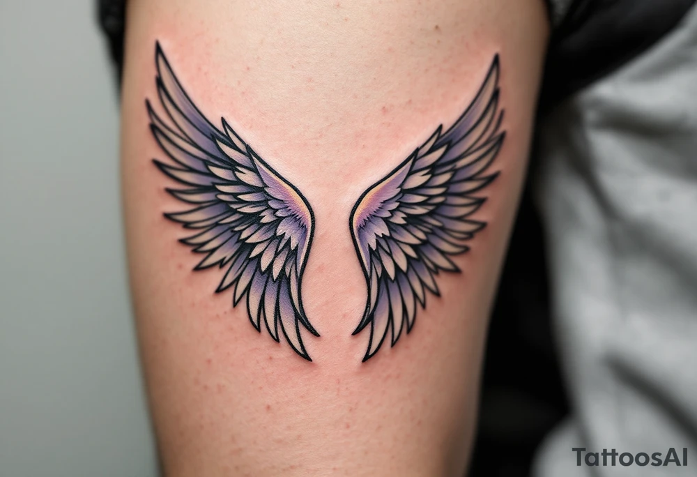 pair of angel wings enclosing "Linda – 1.1.2016 v 0:01", done in light gray and faded lilac. tattoo idea