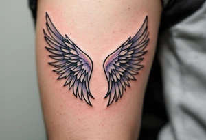 pair of angel wings enclosing "Linda – 1.1.2016 v 0:01", done in light gray and faded lilac. tattoo idea