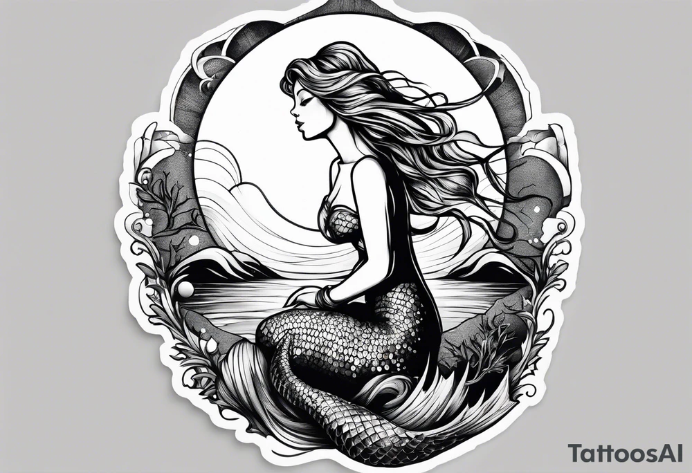 A mermaid on a rock looking out into the night sky and ocean horizon tattoo idea