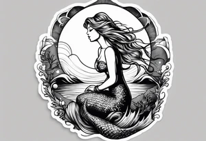 A mermaid on a rock looking out into the night sky and ocean horizon tattoo idea