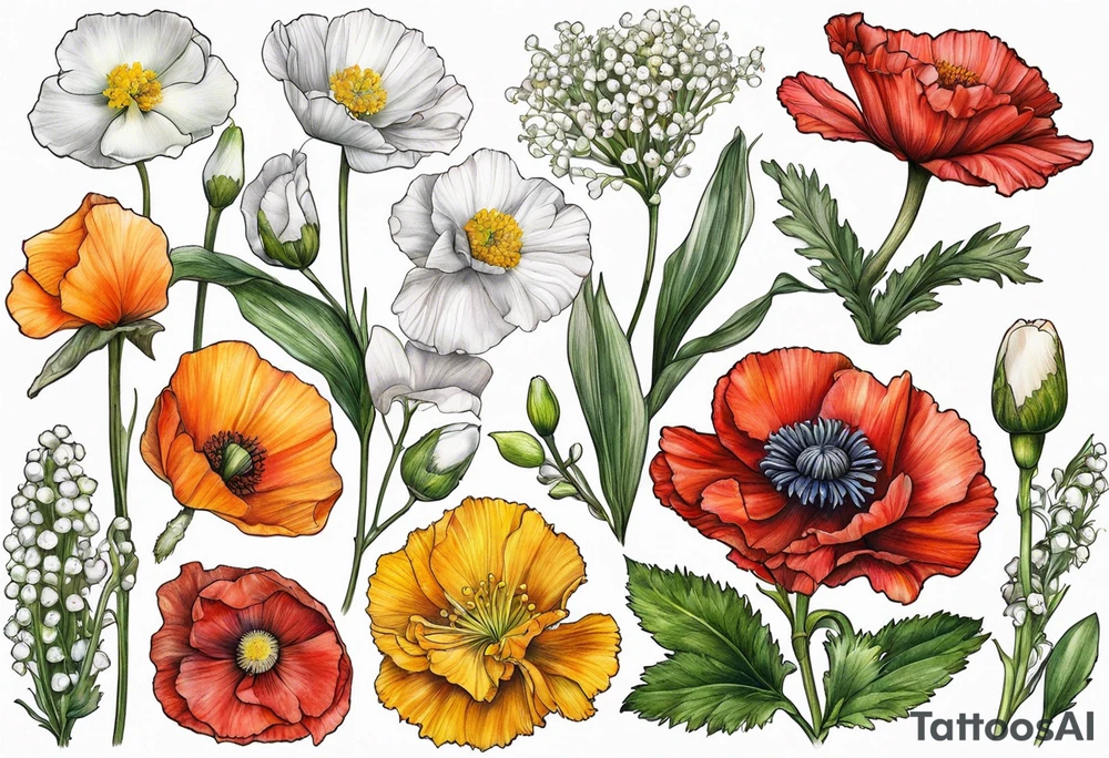 Carnation, primrose, daisy, daisy, lily of the valley, poppy, poppy, poppy, aster, norcissus tattoo idea