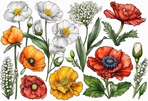 Carnation, primrose, daisy, daisy, lily of the valley, poppy, poppy, poppy, aster, norcissus tattoo idea