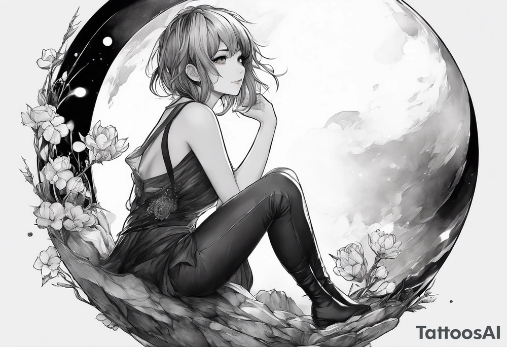 an anime girl sitting on a sphere, staring front tattoo idea an anime girl sitting on a sphere, staring front tattoo idea