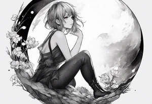 an anime girl sitting on a sphere, staring front tattoo idea