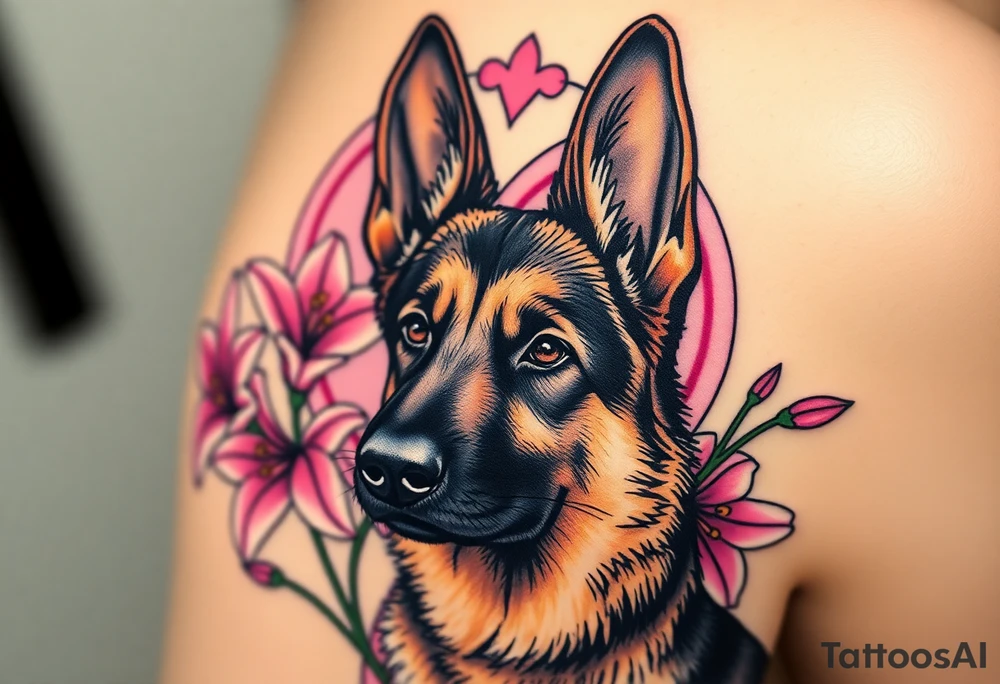 realistic german shepherd with alert ears looking protective with pink lilies in front of a sacred heart tattoo idea
