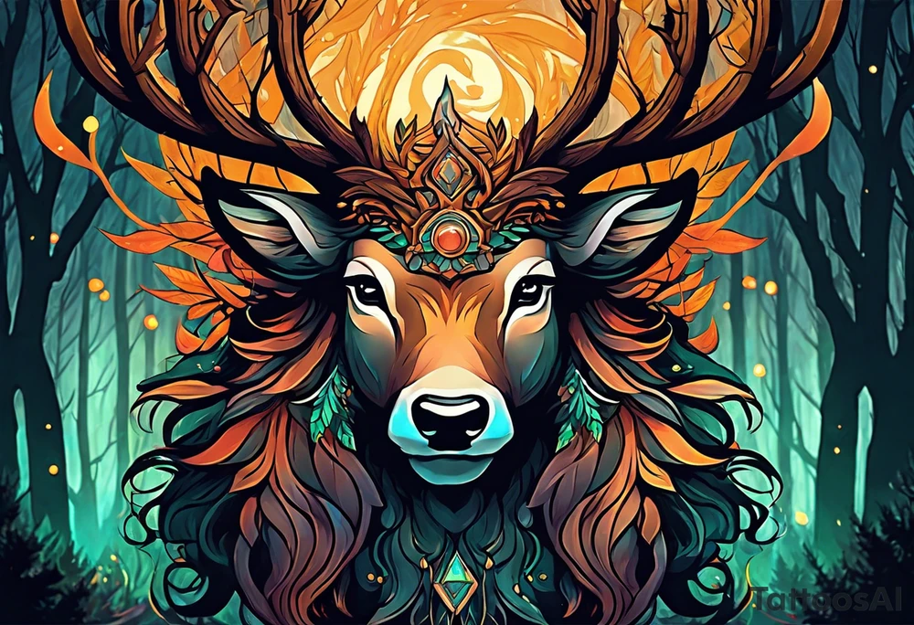 The Great Forest Spirit is a powerful deity that rules over the forest and the animals. It can take the form of a deer-like creature with a human face, or a giant, glowing humanoid at night. tattoo idea