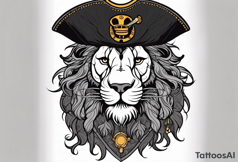 Pirate lion wearing jacket, sword and pistol, nautical steampunk theme. dreadlocks. tattoo idea