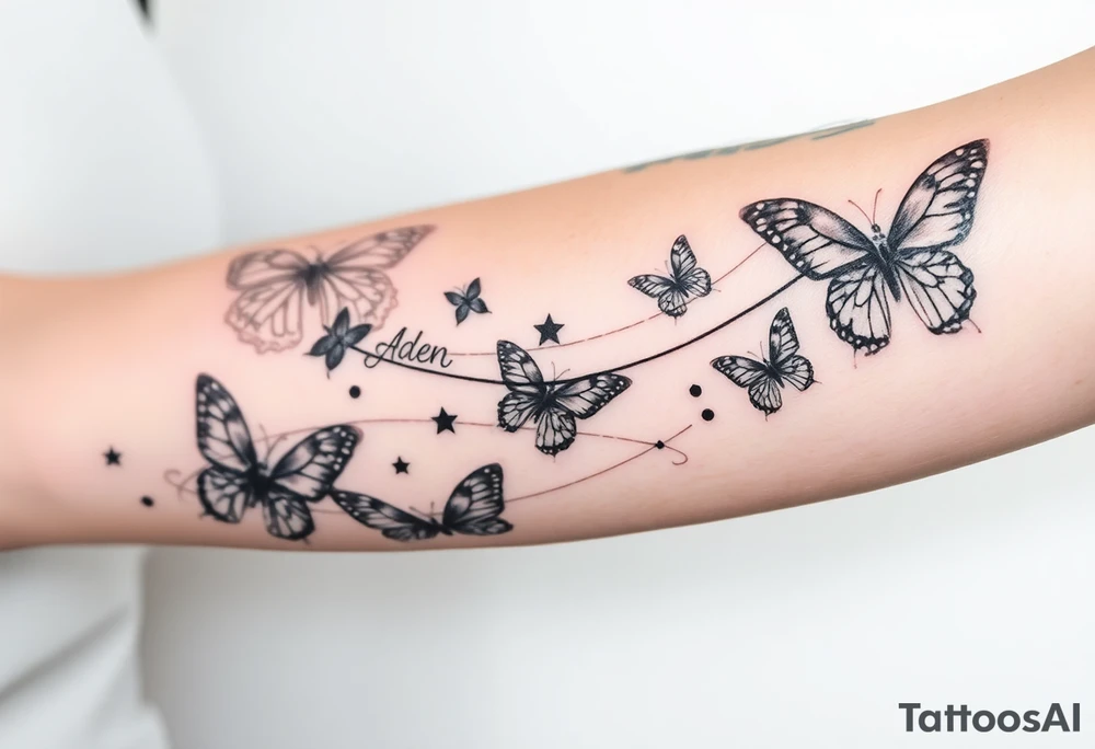 Butterflies streaming down arm with kid names (Aden, Aninna, Novaih, Jayla, Rayla ) in between them with a streamer binding them together tattoo idea