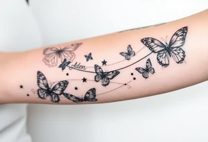 Butterflies streaming down arm with kid names (Aden, Aninna, Novaih, Jayla, Rayla ) in between them with a streamer binding them together tattoo idea