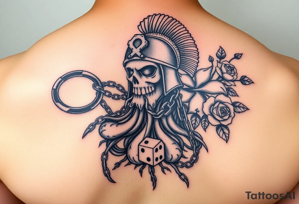 Squid and spartan and sailor hat combined with chains, tree roots, cherry blossoms and roses rolling dice tattoo idea