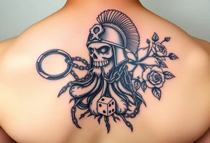 Squid and spartan and sailor hat combined with chains, tree roots, cherry blossoms and roses rolling dice tattoo idea