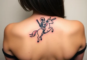 Deadpool riding unicorn pointing rocket propelled grenade launcher tattoo idea