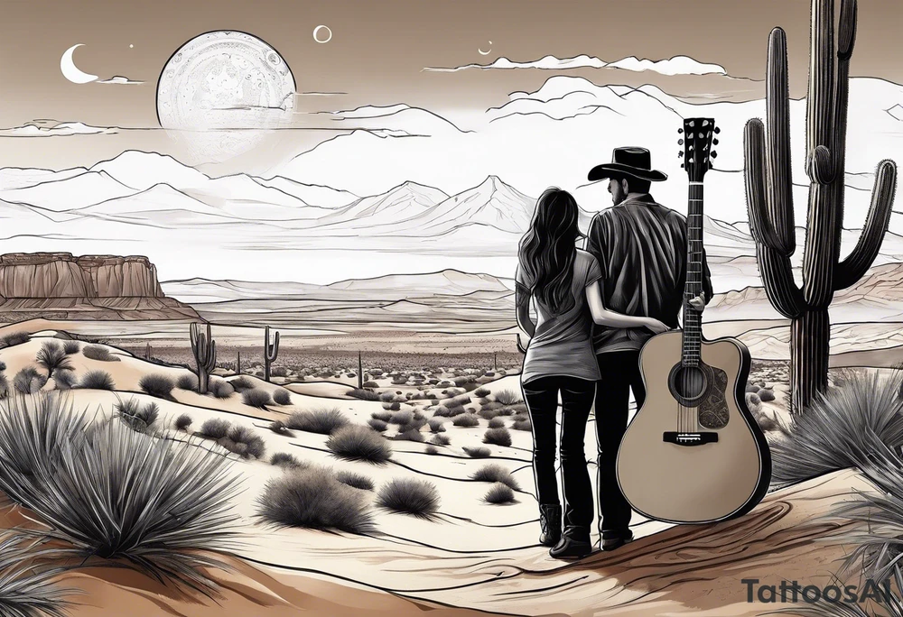 Desert scape. Guitar playing daughter and father tattoo idea