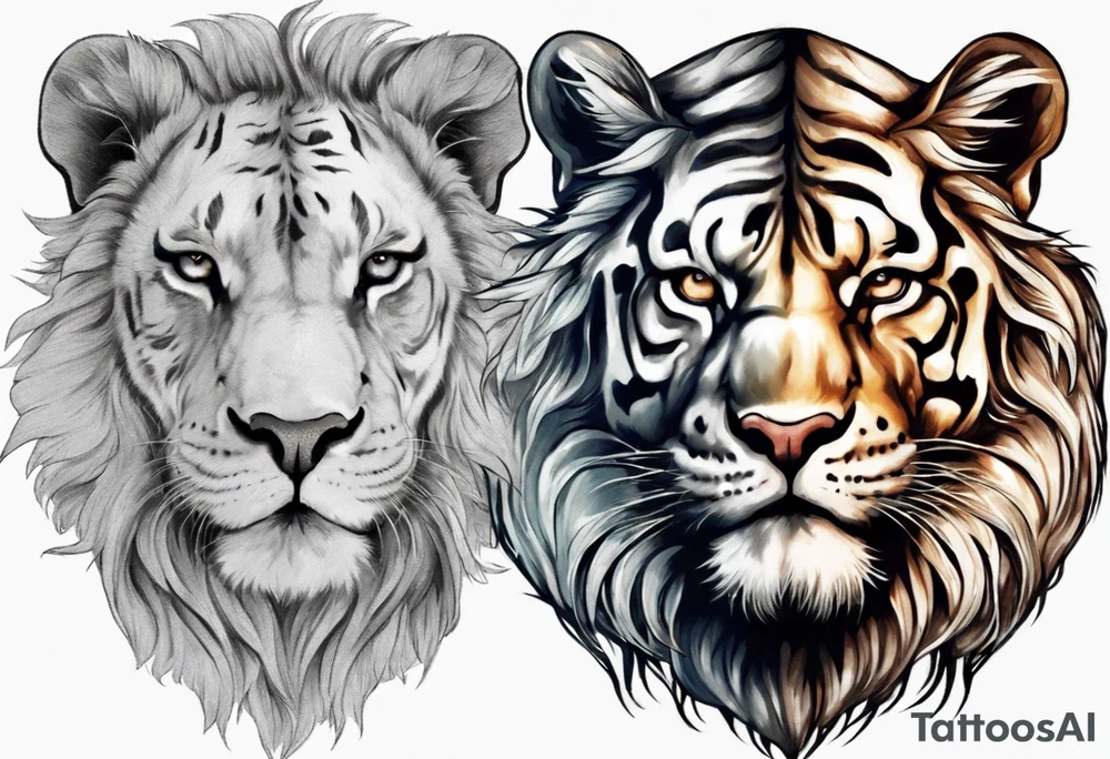 half face lion , half face tiger with a crown tattoo idea
