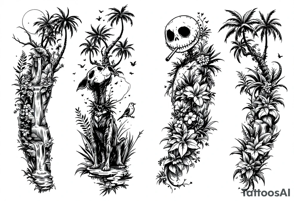 jack skellington with dog smoking a blunt, in nature jungle, waterfall, birds, palm trees tattoo idea