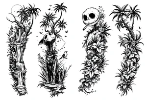 jack skellington with dog smoking a blunt, in nature jungle, waterfall, birds, palm trees tattoo idea