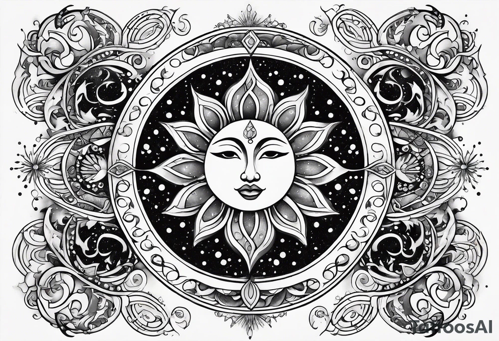Feminine Sun and moon. Freeform rectangular sternum swirls with dots and stars tattoo idea