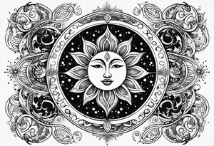 Feminine Sun and moon. Freeform rectangular sternum swirls with dots and stars tattoo idea