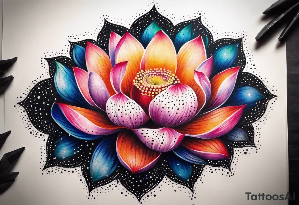 Vibrant colorful lotus flower at night time tattoo idea