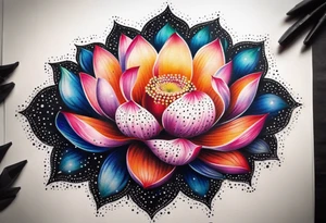 Vibrant colorful lotus flower at night time tattoo idea