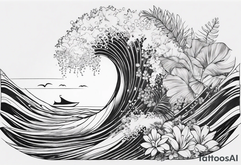 wave,, flower, palm, sea animal tattoo idea