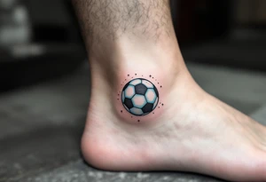 A small ankle tattoo of a pastel blue soccer ball with sparkles around it for a playful look. tattoo idea